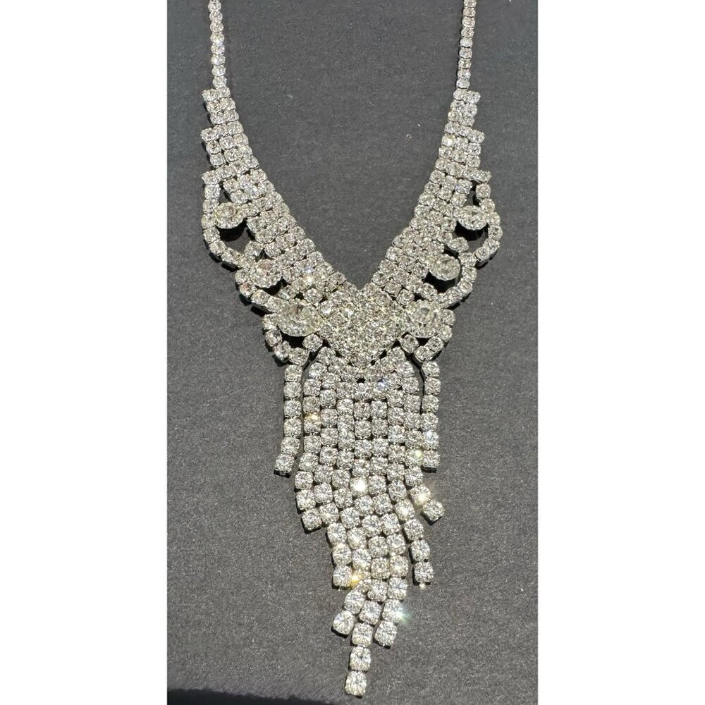 Crystal Fringe Necklace Rhinestone Waterfall Statement Choker Costume Jewelry - Picture 4 of 9